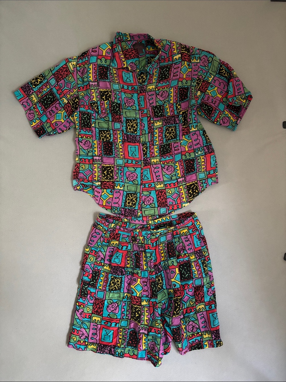 Swell Multicolor Geometric & Floral Print Top &shorts set silk vintage